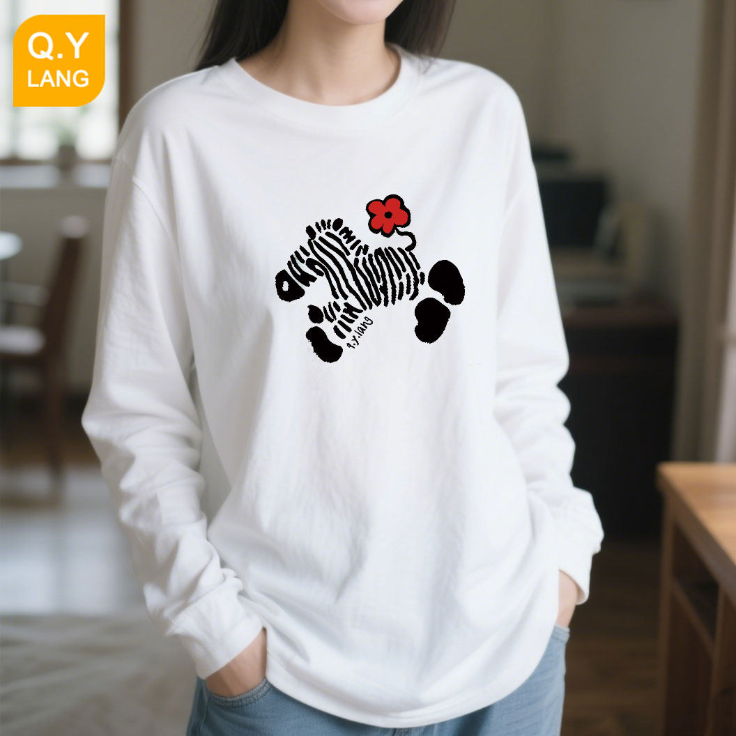 春秋纯棉长袖t恤女圆领白色上衣斑马印花宽松外穿打底衫秋冬内搭