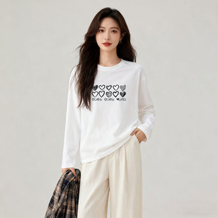 秋季重磅纯棉长袖t恤女宽松圆领内搭上衣春秋单穿秋冬白色打底衫