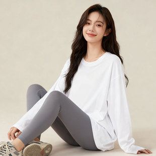 纯棉长袖t恤男女内搭款宽松大码圆领纯白色休闲慵懒风秋冬打底衫