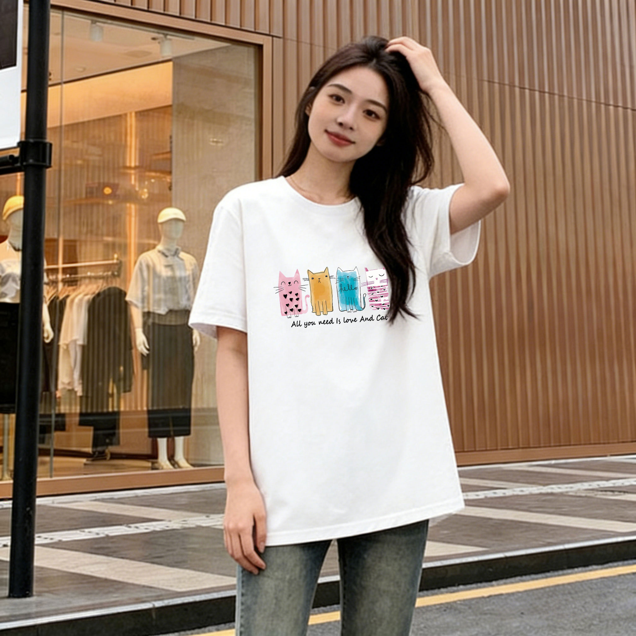 夏季纯棉小猫咪印花宽松短袖T恤图片