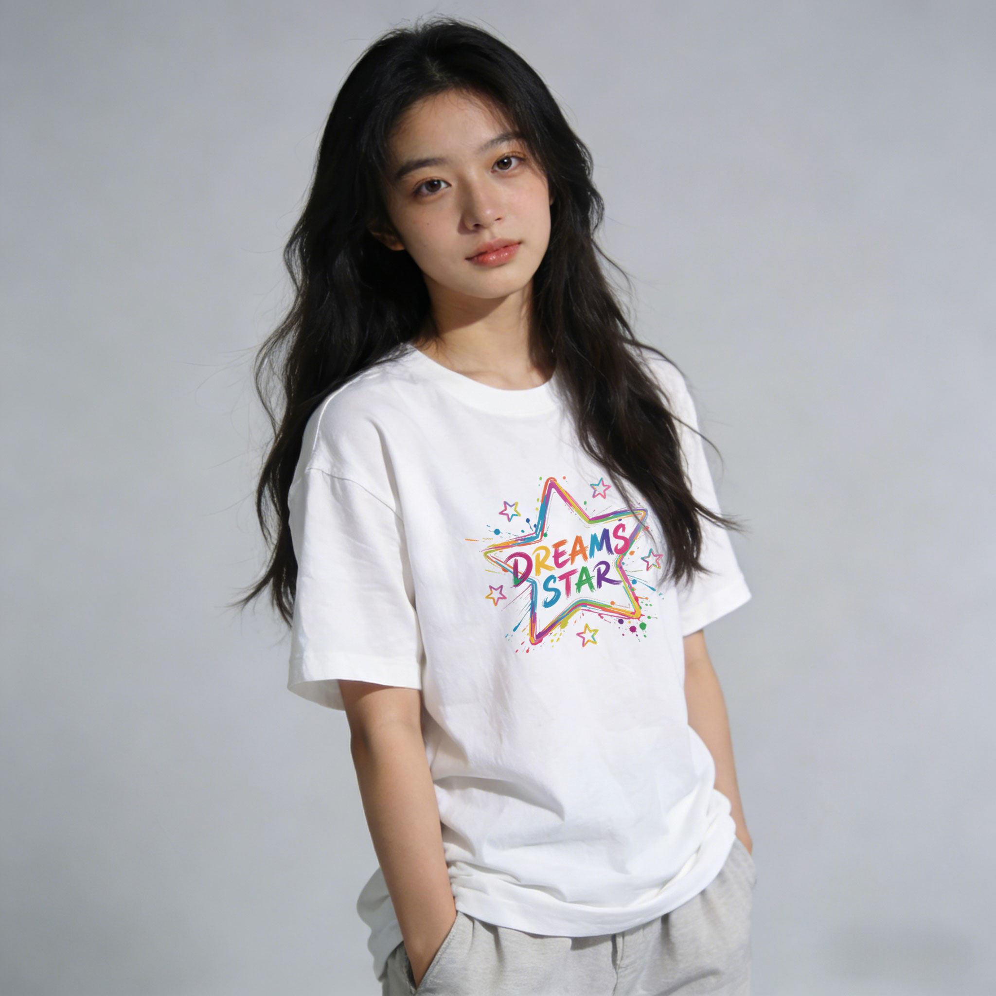 纯棉短袖T恤女夏季新款宽松型圆领五角星印花白色女装上衣学生ins