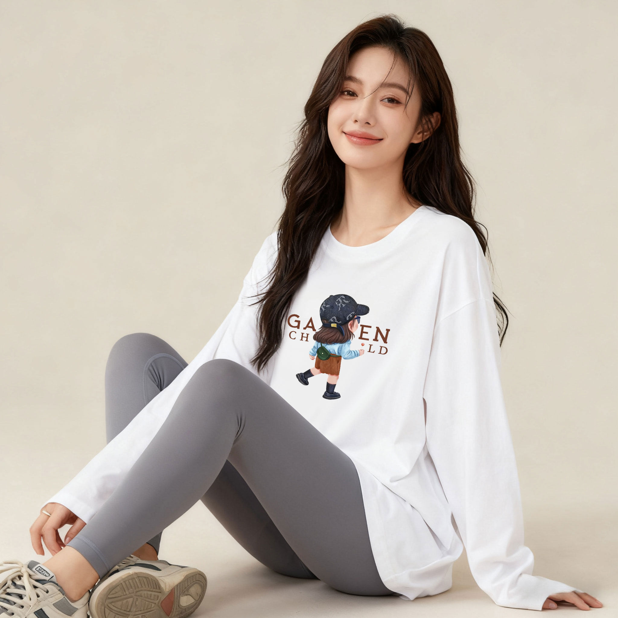 春秋纯棉长袖圆领t恤女士宽松大码印花白色上衣秋冬打底衫内搭