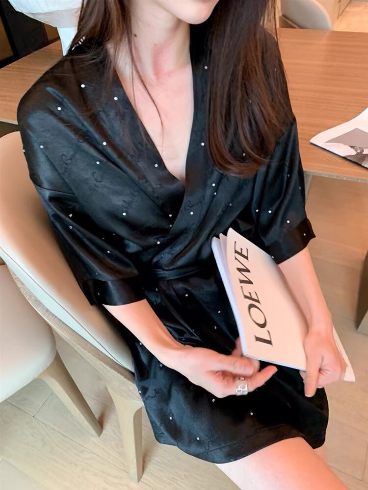奢华仿真丝家居服月光缎睡袍烫钻睡裙高级性感睡衣春秋两件套黑色