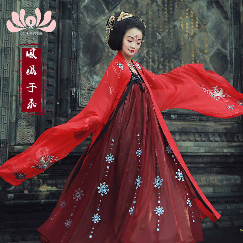 花妖汉衣堂2018新款轻礼服朱雀祥纹重工刺绣红色大袖衫绝版可租