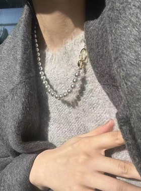施家珍珠项链真多麻灰色珍珠项链轻奢小众正品颈链女毛衣链新款