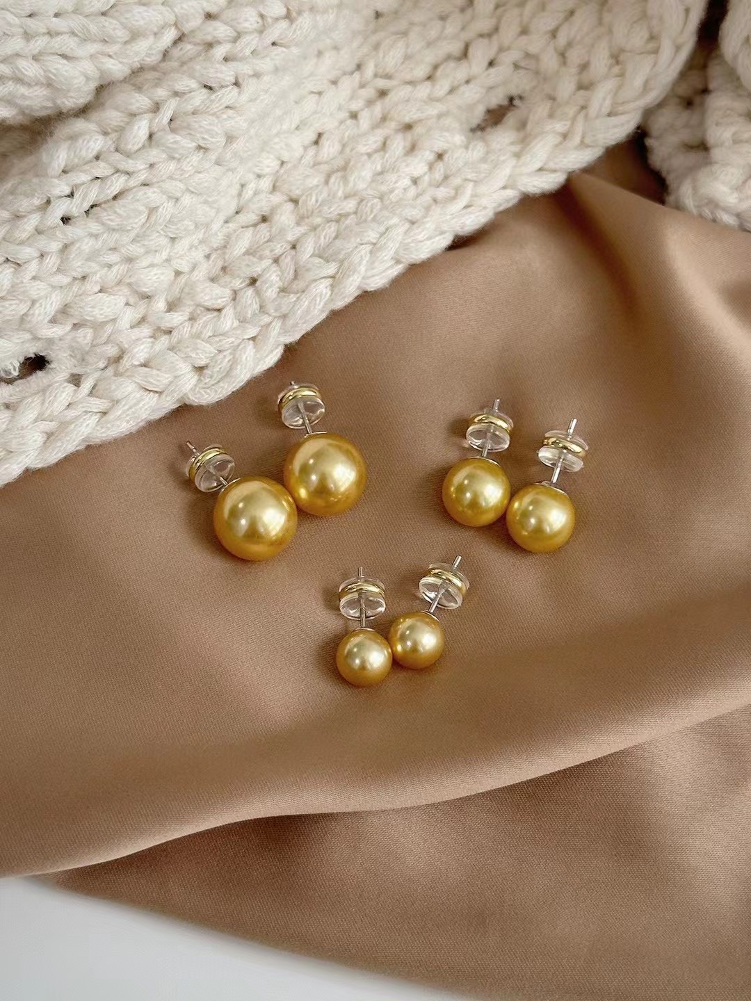 南洋母贝珍珠浓金茶金色正圆强光耳钉耳环纯银镀金耳针 欧美风 女