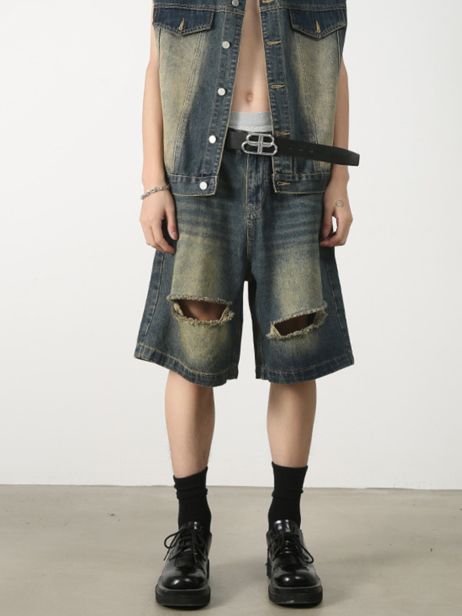 HBZ DESIGN AMERICAN STREET HIP HOP VINTAGE NOSTALGIC CUT FRIED STREET DENIM SHORTS FIVE-POINT WIDE-LEG PANTS FOR MEN AND WOMEN