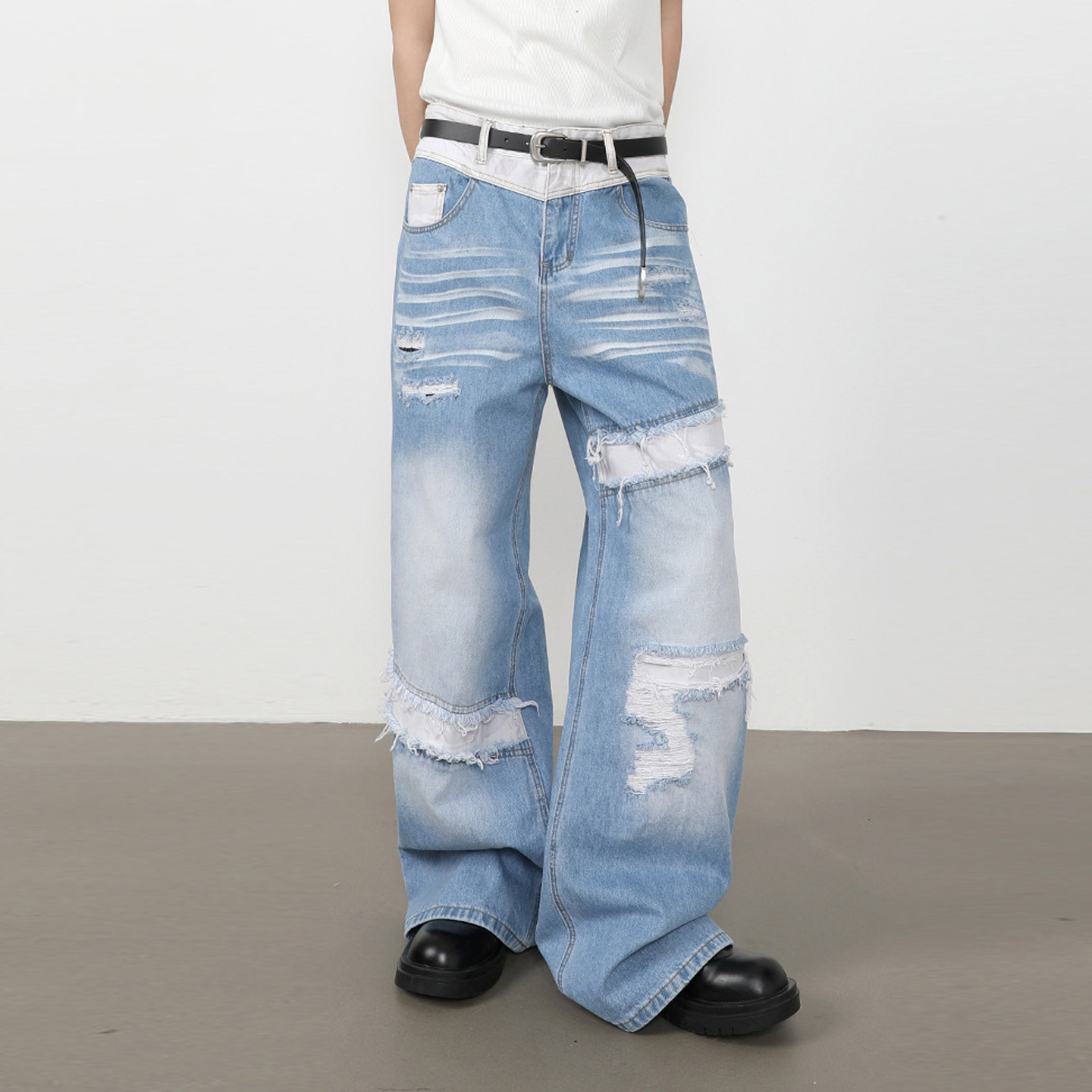 HBZ美式街头复古水洗拼接撞色破洞牛仔裤阔腿裤男女潮休闲老爹裤