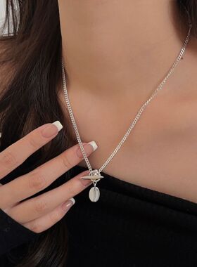 持恒S925纯银OT扣椭圆牌项链女韩国重工网红小众设计高级感毛衣链