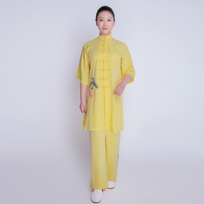 拳心拳意男女款夏季太极表演服装丝麻彩绘鱼黄色中长款修身短袖