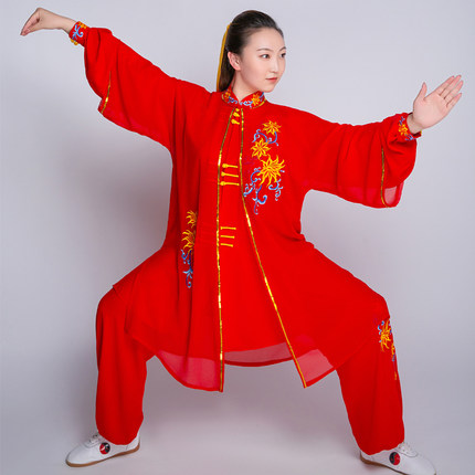 拳心拳意新款修身中长款太极服表演服中国红丝麻刺绣金玉满堂定制