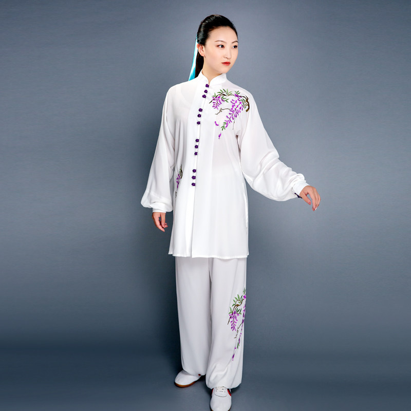 拳心拳意春夏太极练功表演服套装丝麻白色刺绣紫藤中长款修身女款