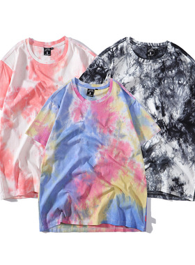 西海岸民族风扎染渐变色晕染短袖T恤ins潮流时尚男女休闲情侣夏装