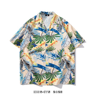 夏威夷美式休闲渡假复古风椰子焦树叶印花短袖衬衫潮男女沙滩衬衣