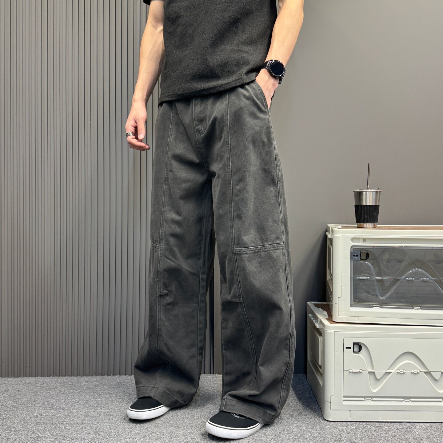 高街复古立体剪裁阔腿男休闲裤