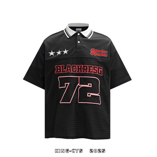 美式 T恤 复古风72号字母刺绣棒球衣服拼接网眼短袖 男女运动POLO衫
