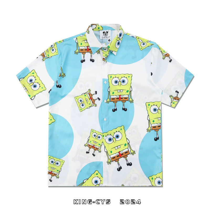 美式潮流海绵宝宝印花短袖衬衫