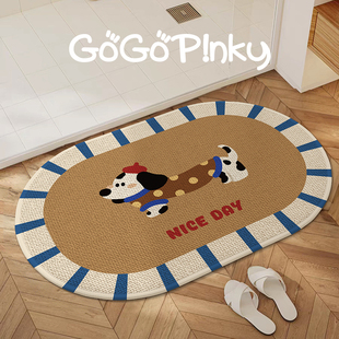 可爱卡通腊肠狗家用浴室地垫仿亚麻吸水防滑脚垫子洗漱台地毯门垫