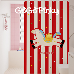 红色家用浴室防水浴帘新年卡通门帘淋浴间干湿分离隔断帘子挂帘