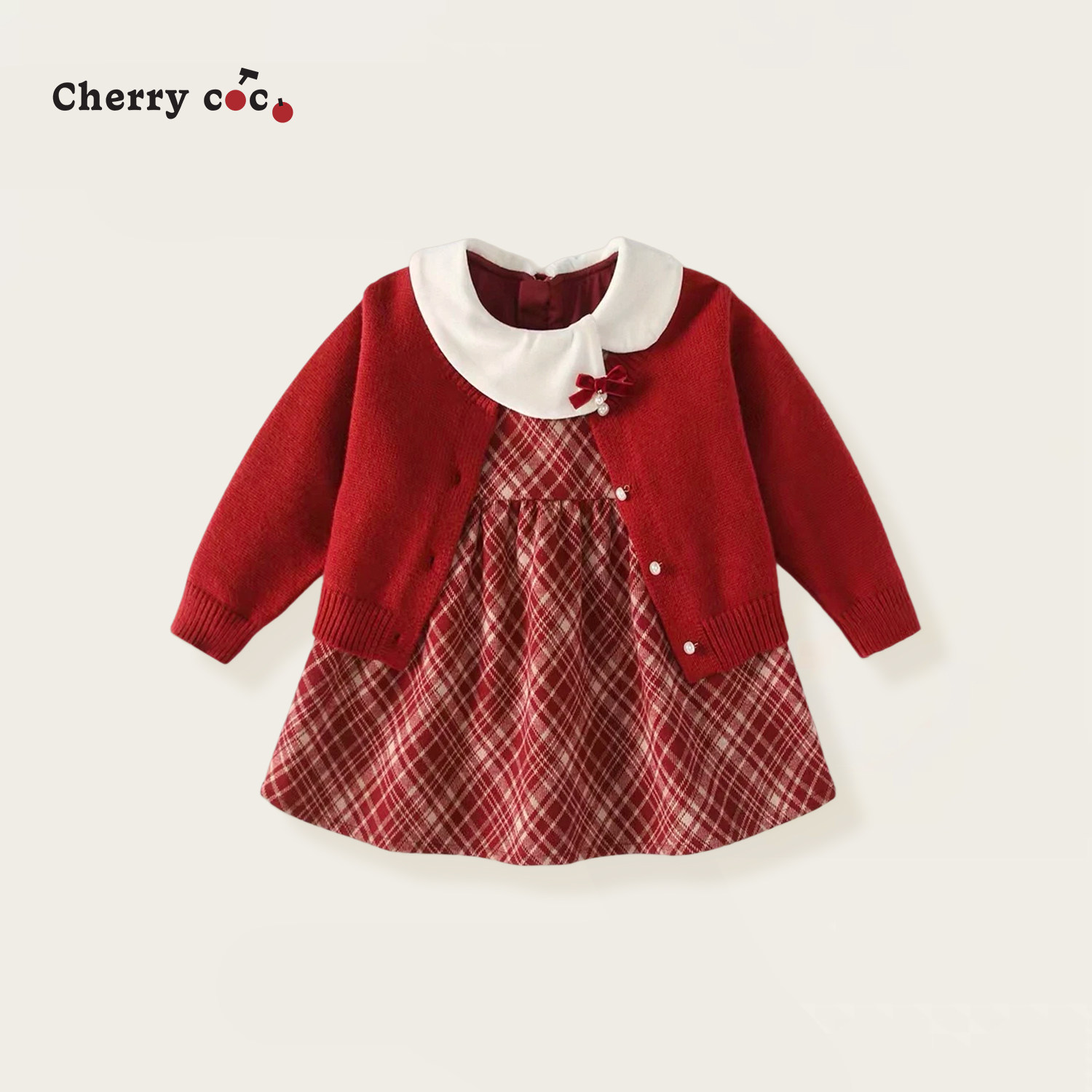 Cherrycoco女童套装秋冬新款女宝宝洋气毛衣外套毛呢背心裙二件套
