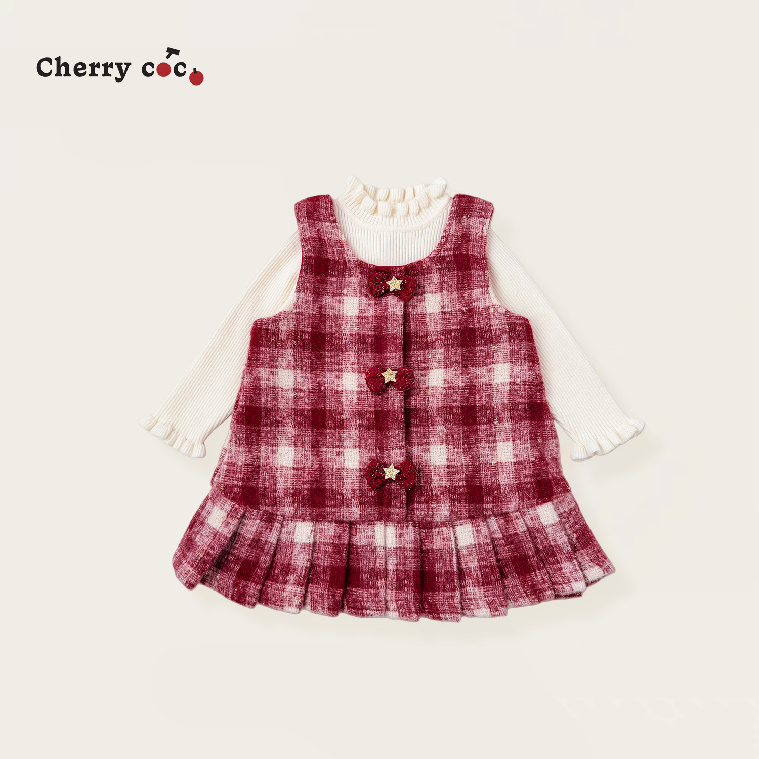 Cherrycoco女童套装秋冬新款女宝宝甜美洋气毛呢加绒裙子毛衣二件