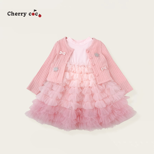 Cherrycoco女童套装秋冬新款女宝宝甜美外套连衣裙纱裙二件套装