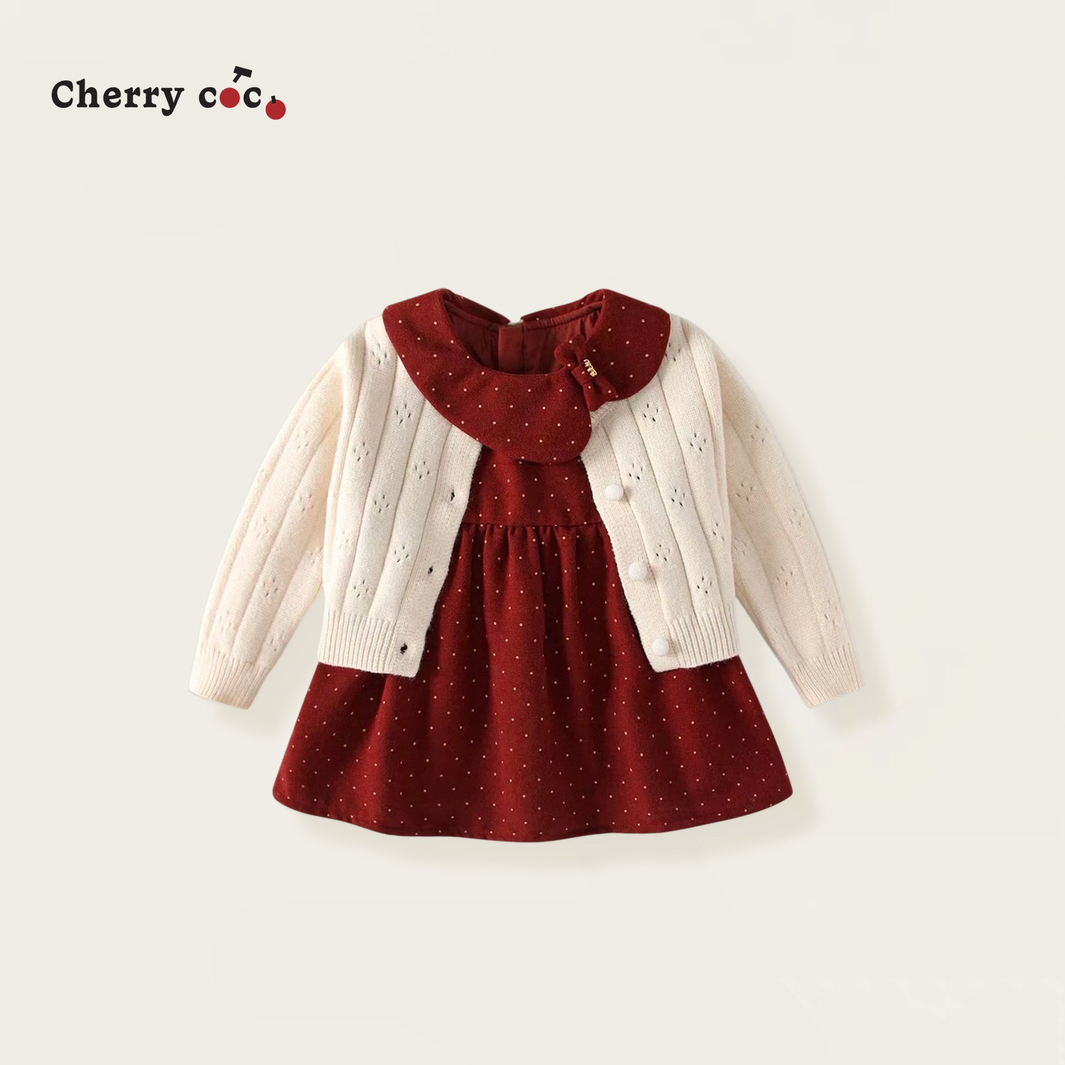 Cherrycoco女童套装秋冬新款女宝宝洋气圆点背心裙公主裙三件套