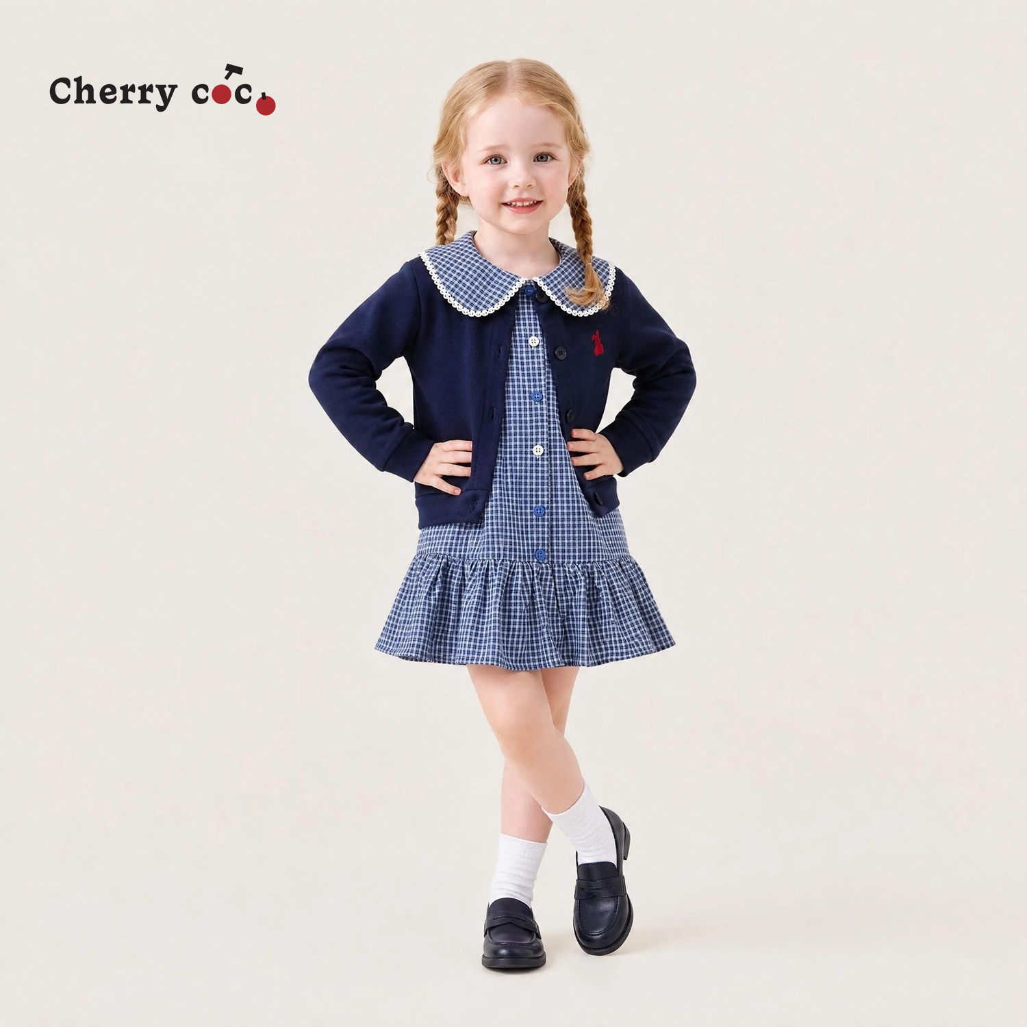 Cherrycoco女童套装秋冬新款女宝宝洋气刺绣开衫外套公主裙二件套