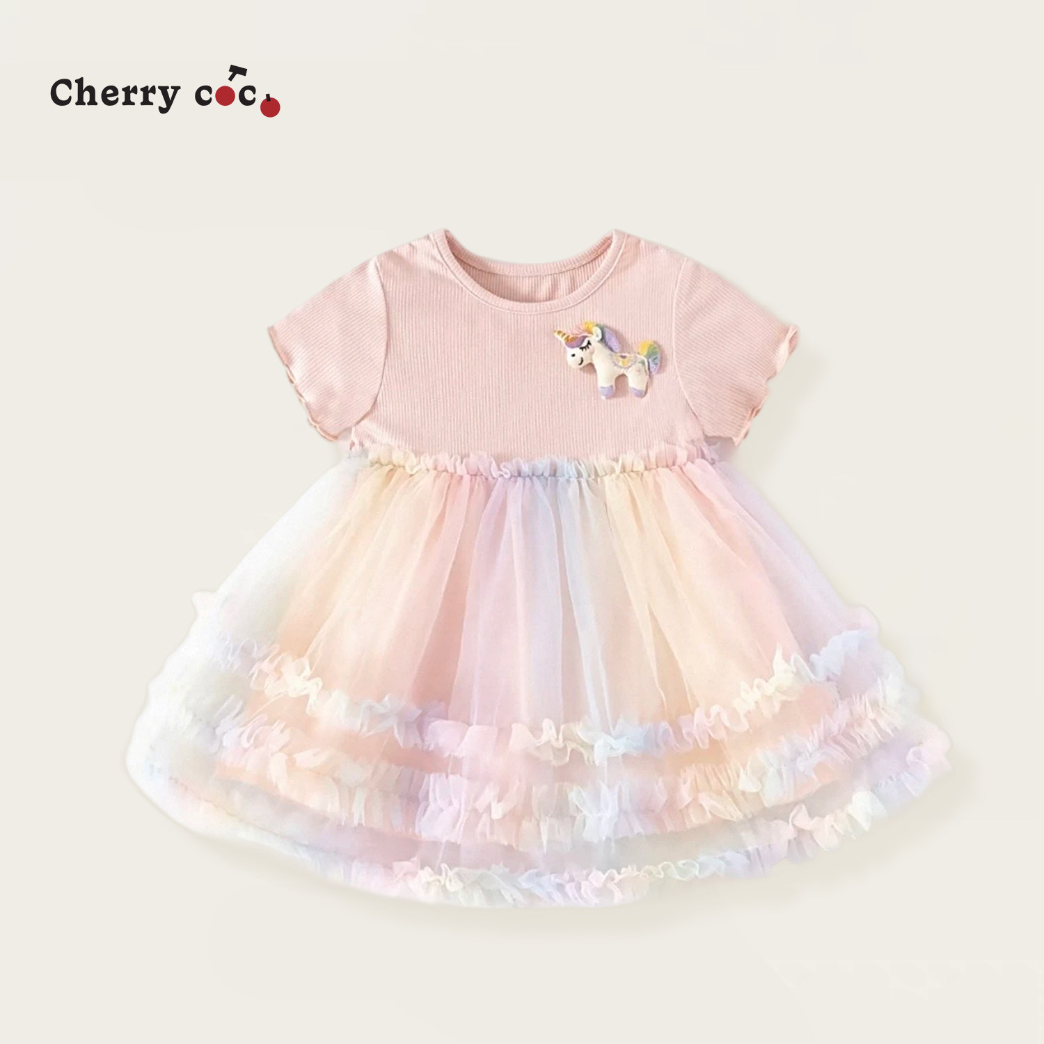 CHERRYCOCO女童连衣裙新款女宝宝甜美彩虹网纱裙儿童短袖公主裙子