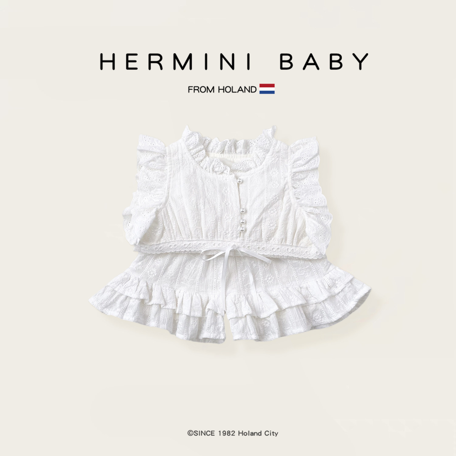 HERMINI女童夏季新款套装宝宝韩版精致蕾丝短袖上衣短裤二件套装