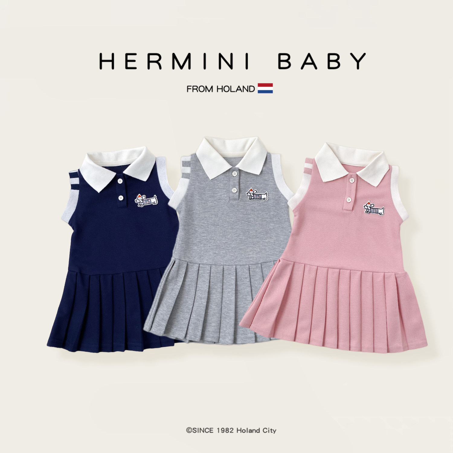 HERMINI女童夏季新款POLO连衣裙女宝宝洋气卡通翻领无袖背心裙