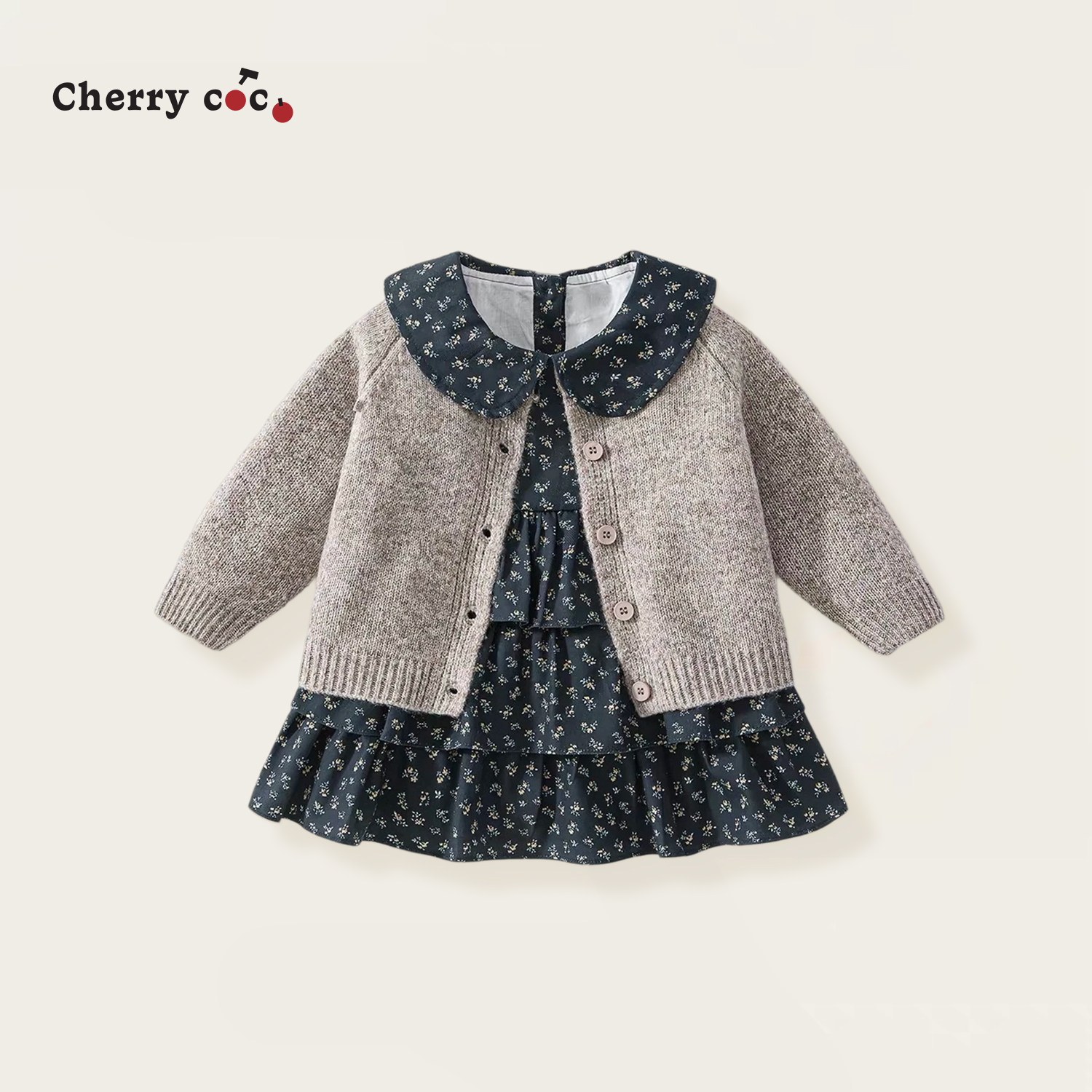 Cherrycoco女童秋冬新款女宝宝韩系针织毛衣外套碎花蛋糕裙二件套