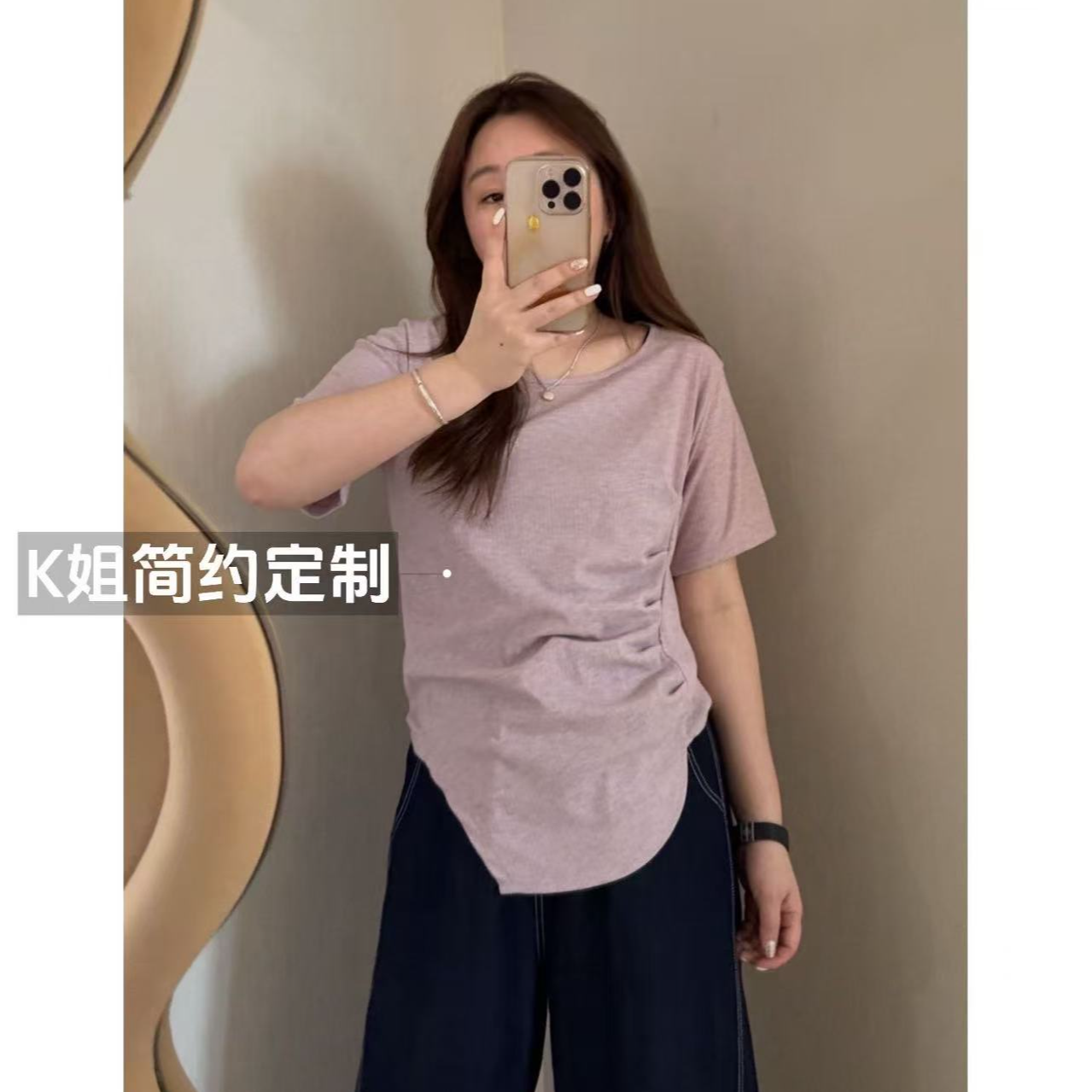 KK定制2025新款方领T恤女春夏宽松设计感小众方领短袖不规则上衣