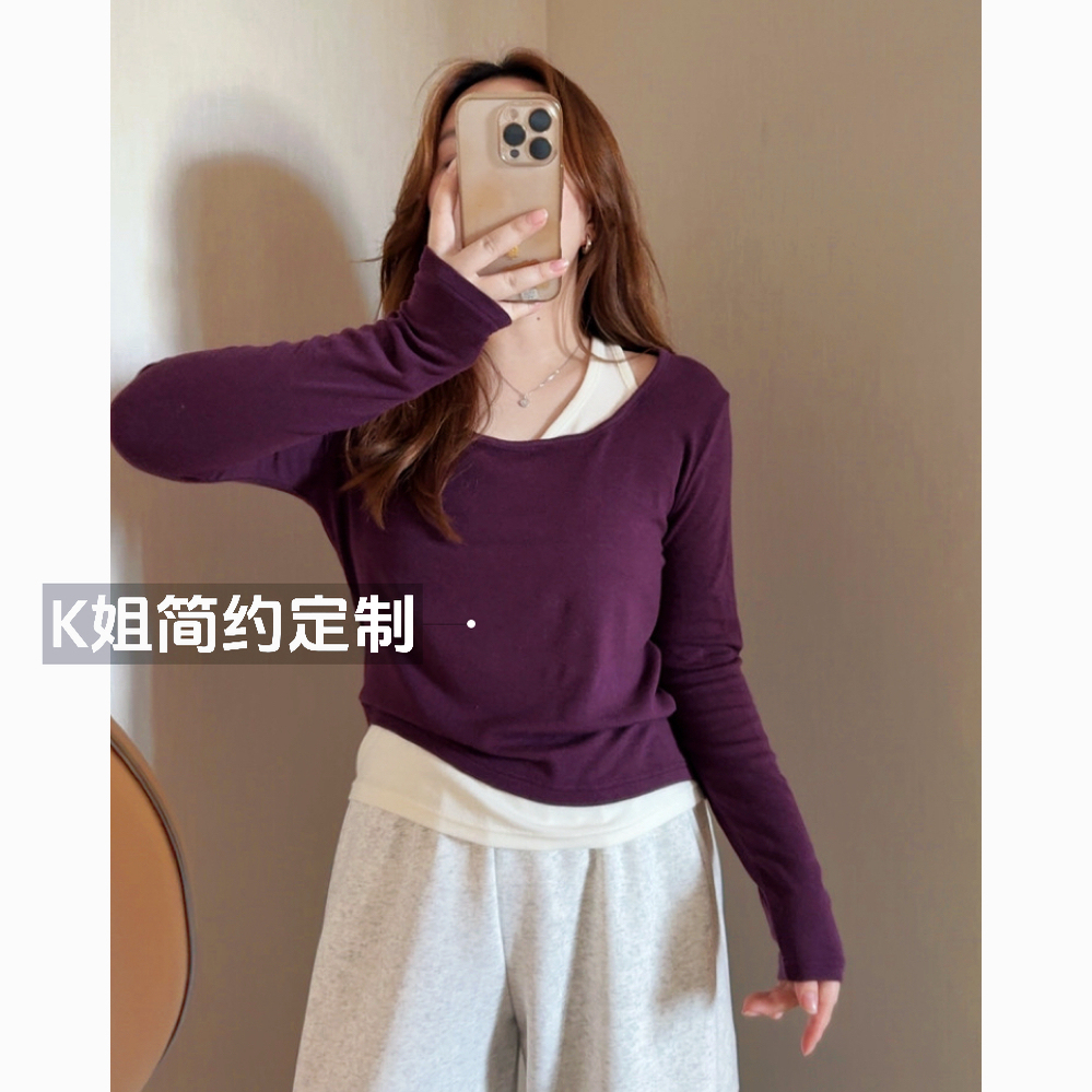 2025新款假两件拼接长袖T恤秋装新款设计感拼接长袖上衣打底衫