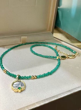 ZHAZHA韩国新款新中式国风项链女旗袍配饰爆款个性绿色珠珠银吊坠