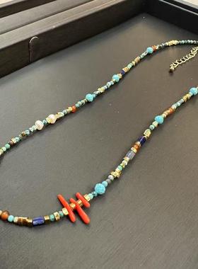 ZHAZHA韩国新款高级时髦天然石彩色复古小众设计项链锁骨链百搭潮