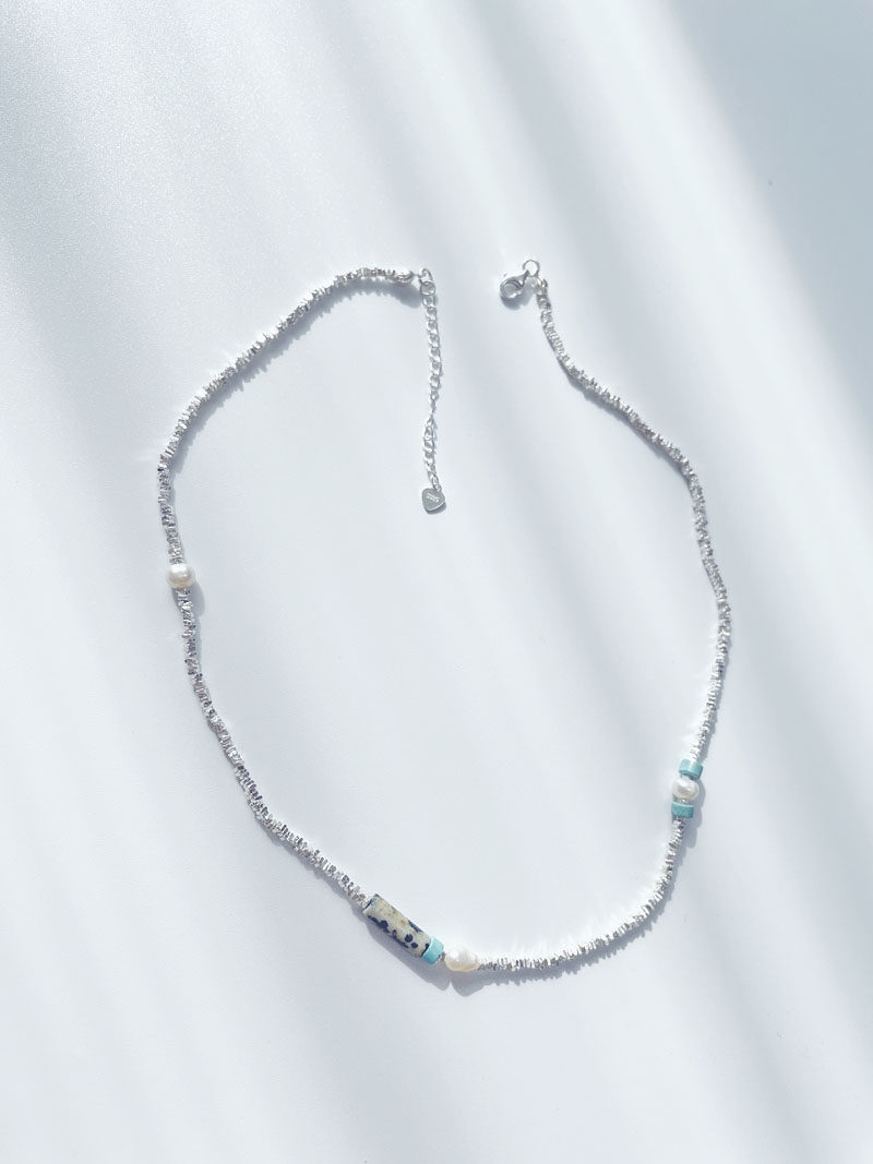 ZHAZHA韩国新款高级时髦个性碎银925银松石绿珍珠 颈链锁骨链项链