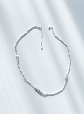 ZHAZHA韩国新款高级时髦个性碎银925银松石绿珍珠 颈链锁骨链项链