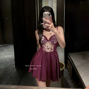 蔓心间 秋冬长袖性感睡衣缎面女士高级感蕾丝吊带睡裙御姐纯欲风