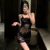 慕眠 星夜 性感睡衣女透视网纱约会纯欲风蕾丝吊带睡裙qqny带胸垫