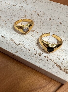 AimeeDesign 黄铜镀金爱心锆石戒指女小众设计高级感 开口可调节