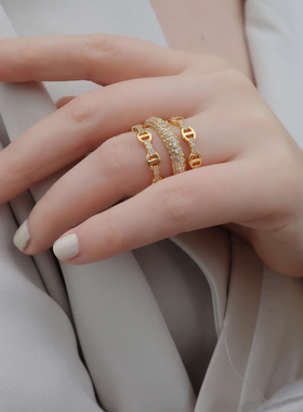 AimeeDesign ins同款猪鼻子带钻三层多层超闪设计感轻奢高级戒指