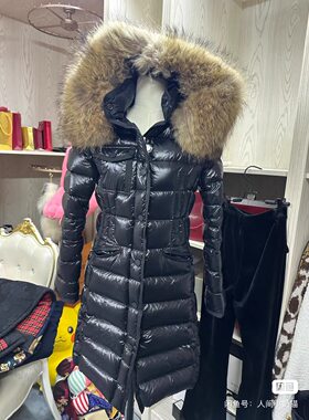蒙口羽绒服真貉子毛领保暖加厚修身中长羽绒服大衣外套女黑色亮面