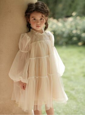 女童香槟烫金点点纱生日礼服