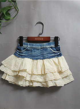 宝儿童装花边小短裙女童纯棉牛仔拼接半裙26013