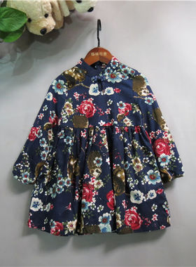 巴沙丁丁春秋款女童连衣裙纯棉中国风碎花裙中大童盘扣裙70086