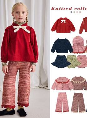 儿童毛衣2025秋冬MP女童绑带领开衫爆米花针织衫宝宝百褶裙裤披肩