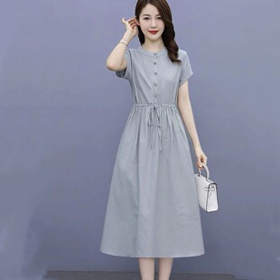 短袖棉麻连衣裙女2026新款夏季时尚甜美修身显瘦中长款温柔风裙子