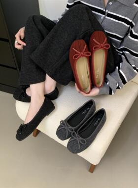 平底法式灰色蝴蝶结单鞋女鞋子2025春秋季温柔配裙子芭蕾舞晚晚鞋