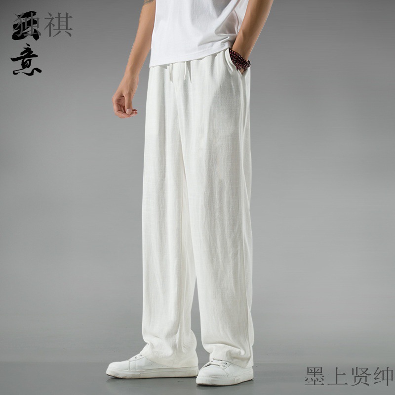 夏季中国风亚麻裤子男宽松大码休闲裤复古风透气直筒汉服棉麻